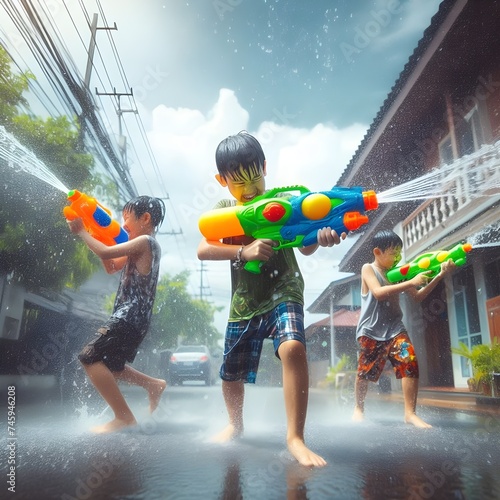 children playing splashing water gun at Song Kran Festival photo