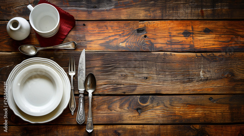 Crockery and cutlery on wooden plank.