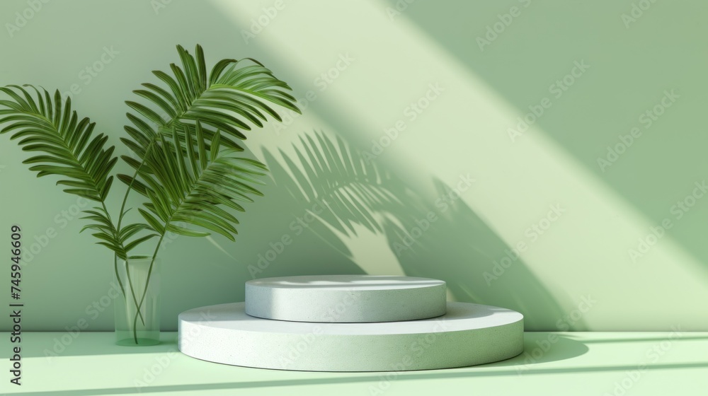 Round Pastel Green Minimalistic Podium with Palm Leaf Shadows for branding, promotion, presentation of Cosmetics, product. Stage, Horizontal Banner, Platform, Advertising Showcase with copy space.