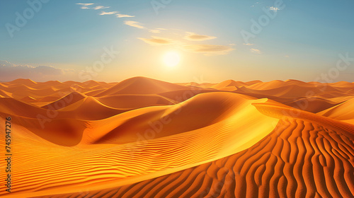 Desert landscape with sand dunes and warm sun heat, Generative AI