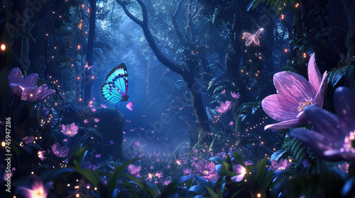 Fairy forest at night, fantasy glowing flowers, butterfly and lights. © ImagineDesign
