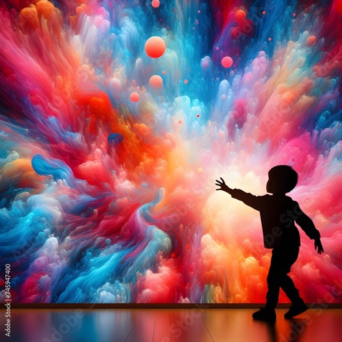 Child looking at colorful abstract explosion in space. Imagination and creativity concept. Generative AI