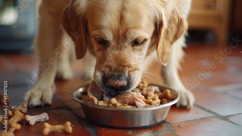 Golden retriever pet dog eating food from dish isolated on kitchen background. ai generated