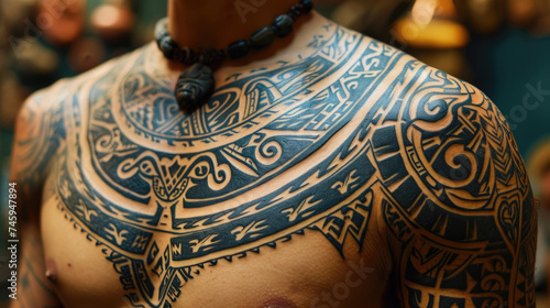 Traditional Maori tattoos on a man's shoulder and chest
