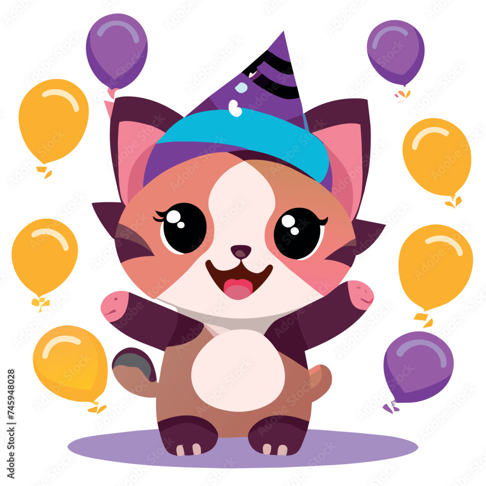 kitten in fun parade with confetti and balloons to celebrate great achievements, vector illustration kawaii