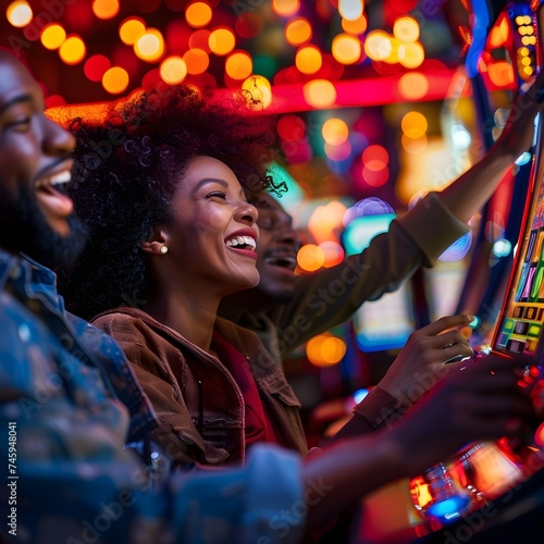 Young african american couple is playing a slot machine at a casino - Generative AI