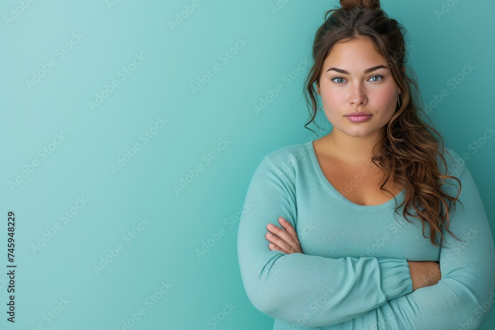 Beautiful curvy woman with doubtful and anxious disapproval, standing with arms crossed, against a plain backdrop. Beautiful curvy woman with doubtful and anxious disapproval, standing with arms crossed, against a plain backdrop.
