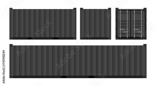 Set black cargo containers. Freight Shipping, delivery and transportation. Vector illustration
