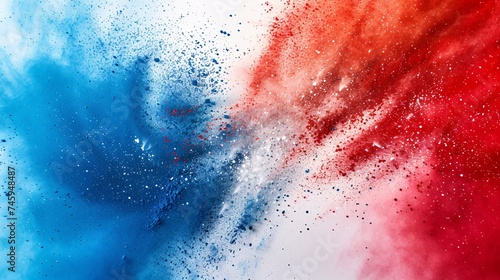 Vibrant French tricolor powder explosion on white background, representing celebration, soccer, travel and tourism in Europe.