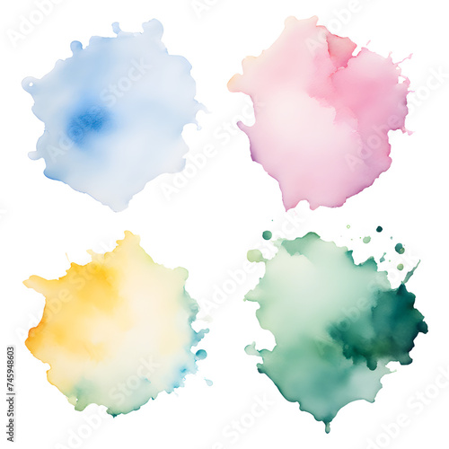 Blue, green, purple, gray and red abstract and subtle watercolor splash on transparent background