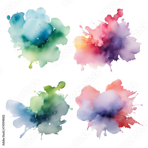 Blue, green, purple, gray and red abstract and subtle watercolor splash on transparent background