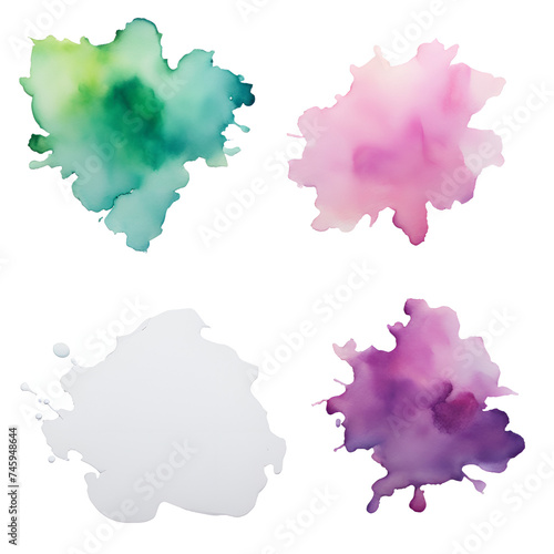 Green, purple, gray and red abstract and subtle watercolor splash on transparent background