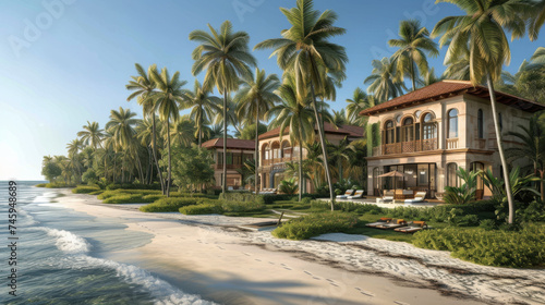 A cozy hotel on the beach with palm trees around in the Caribbean