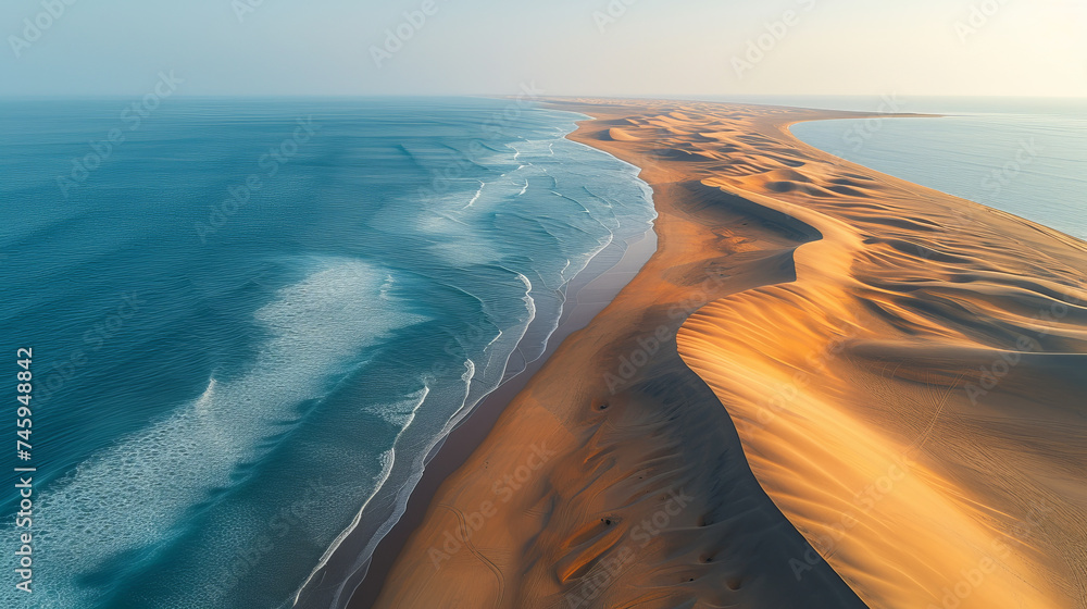 Sand dunes in a desert, right by the sea - obrazy, fototapety, plakaty 