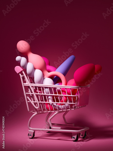anal plugs and dildo sex toys in shopping basket over pink backdrop