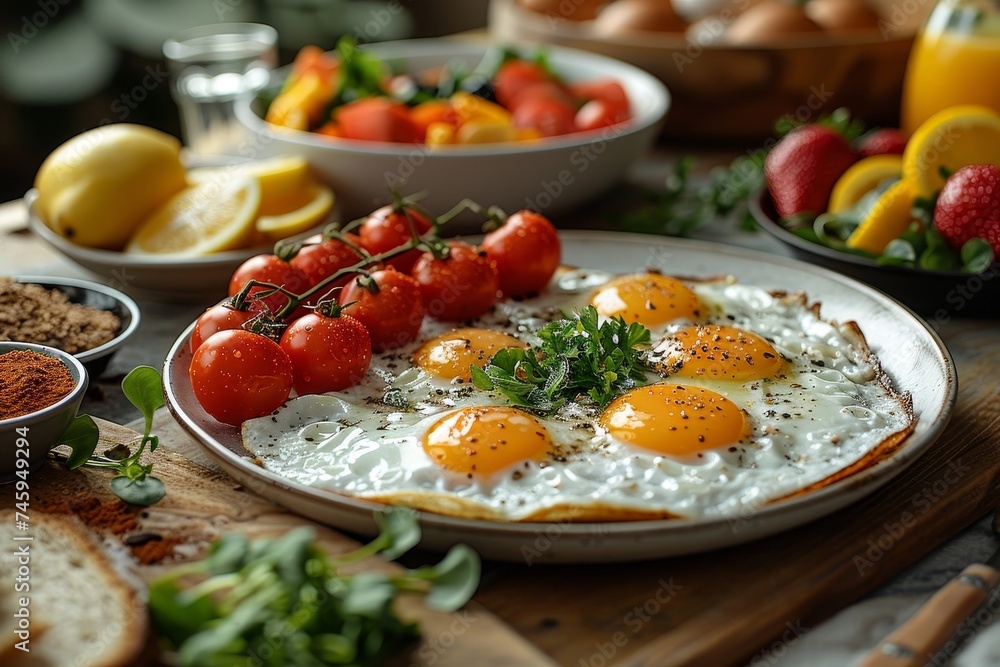 Sunny side up eggs garnished with cherry tomatoes and parsley, served with a wholesome breakfast spread Sunny side up eggs garnished with cherry tomatoes and parsley, served with a wholesome breakfast spread