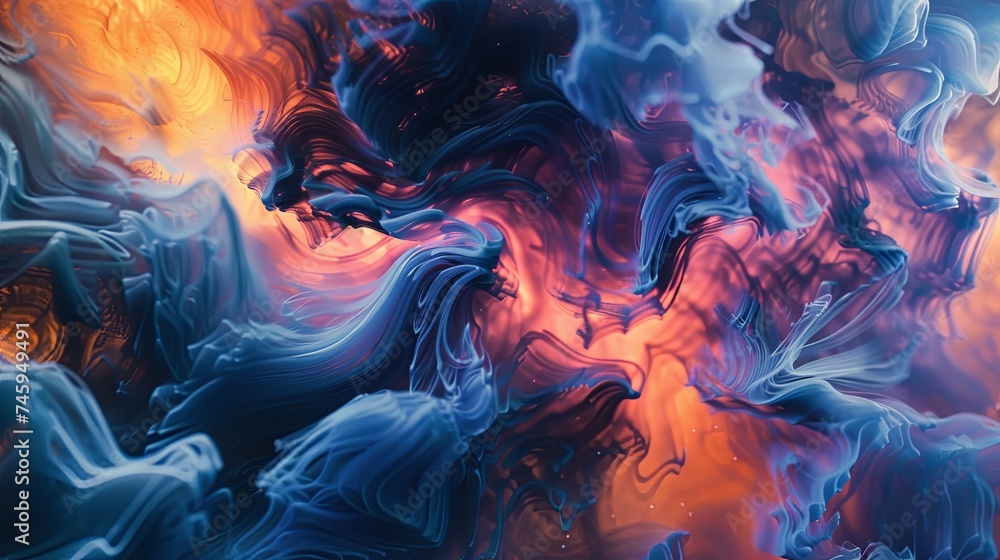 This abstract fluid art captures an intense dance between fiery oranges and cool blues, creating a dynamic interplay of temperature and movement.
Fiery and Cool Tonal Dance in Abstract Fluid Art
