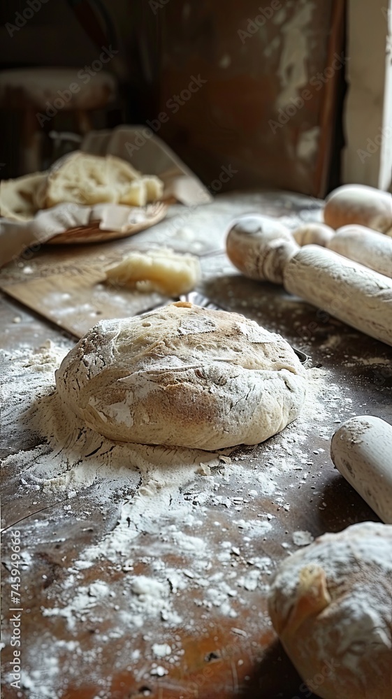 Unbaked artisan bread dough with flour dusting on a rustic kitchen table, showcasing the raw beauty of bread-making with a rolling pin in the background.
Unbaked artisan bread dough with flour dusting on a rustic kitchen table, showcasing the raw beauty of bread-making with a rolling pin in the background.