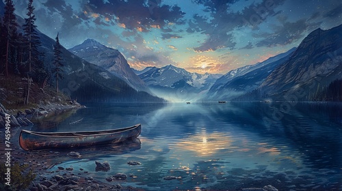 A serene mountain lake at sunset, with a lone canoe resting on the shore and mist rising from the calm waters. Tranquil Lake at Dusk with Canoe and Mountains


