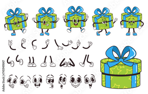 Retro Groovy Gift Box Cartoon Character Creation Kit. Vector Collection Inspired By 60s And 70s, Featuring Colorful,