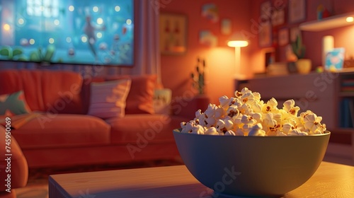 Warm Movie Night Ambiance with Popcorn at Home A bowl of popcorn takes center stage on a coffee table, set against the backdrop of a cozy, warmly lit living room ready for a movie night. 