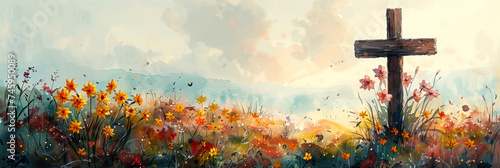 A serene scene featuring a wooden cross surrounded by vibrant wildflowers under a peaceful sky