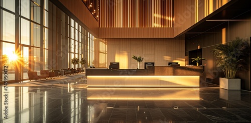 A sun-drenched and sleek hotel reception area with high-ceilings and modern aesthetic photo