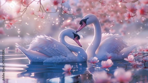 Fototapeta Naklejka Na Ścianę i Meble -  Two beautiful swans form together make romantic symbol of love in lake. AI generated image