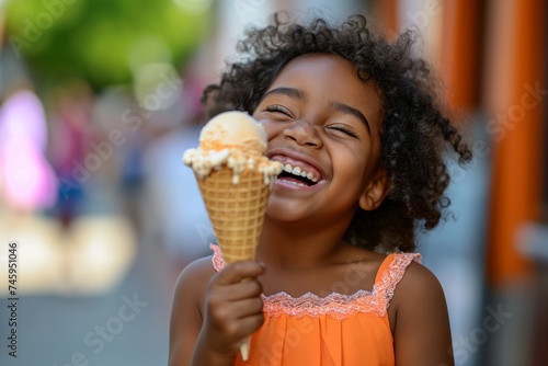 A young girl in a orange dress enjoys a vanilla ice cream cone