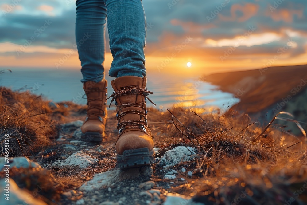 A hiker's journey along a coastal trail with the sun setting over the ocean, steps resonant with determination A hiker's journey along a coastal trail with the sun setting over the ocean, steps resonant with determination