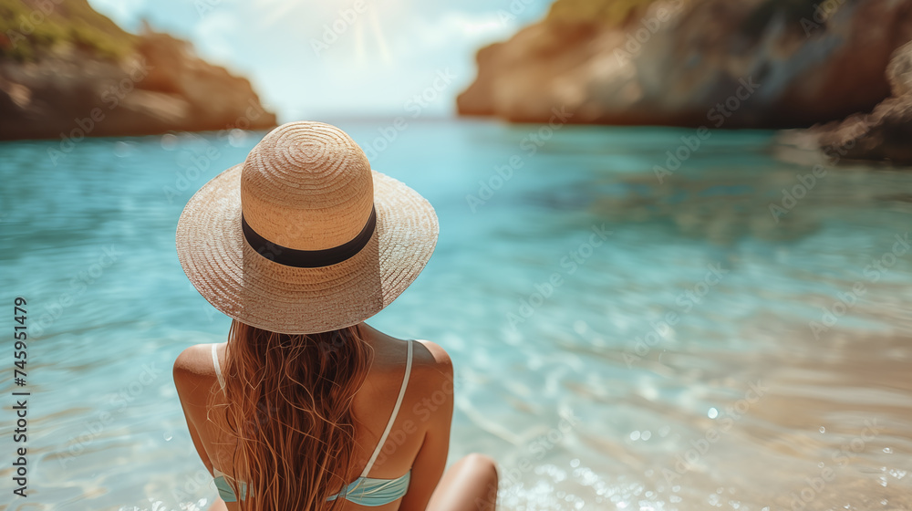 Back view of young woman in swimsuit and hat sitting on the beach and looking at the sea
