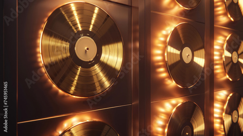 Golden Vinyl Records Wall Display, LP'S in display cabinet against the wall with led lights, 