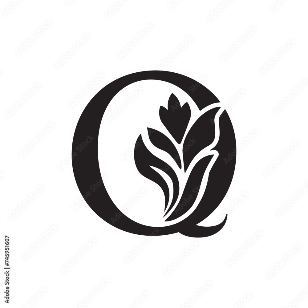 letter Q. Black flower alphabet. Beautiful capital letters letter Q. Black flower alphabet. Beautiful capital letters