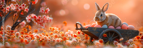 In an idyllic spring setting, a fluffy bunny pulls a rustic wooden cart adorned with pastel Easter eggs
