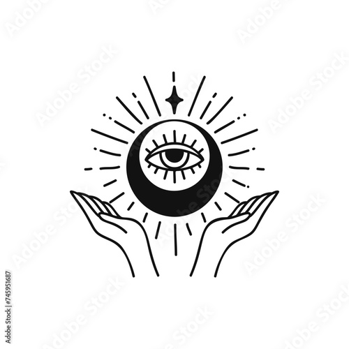 Hand lineart vector design, hand drawn celestial boho logo or emblem. Magic Symbol for decoration cosmetics, market and packaging or beauty products