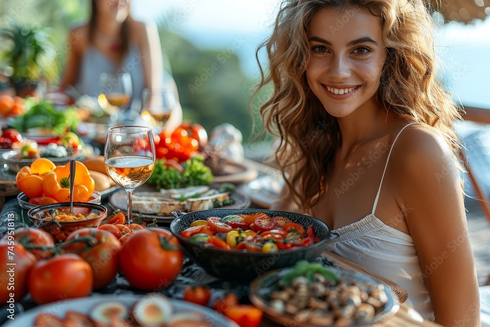 Woman with a beaming smile enjoys a feast of fresh foods at an outdoor table with natural backdrop Woman with a beaming smile enjoys a feast of fresh foods at an outdoor table with natural backdrop