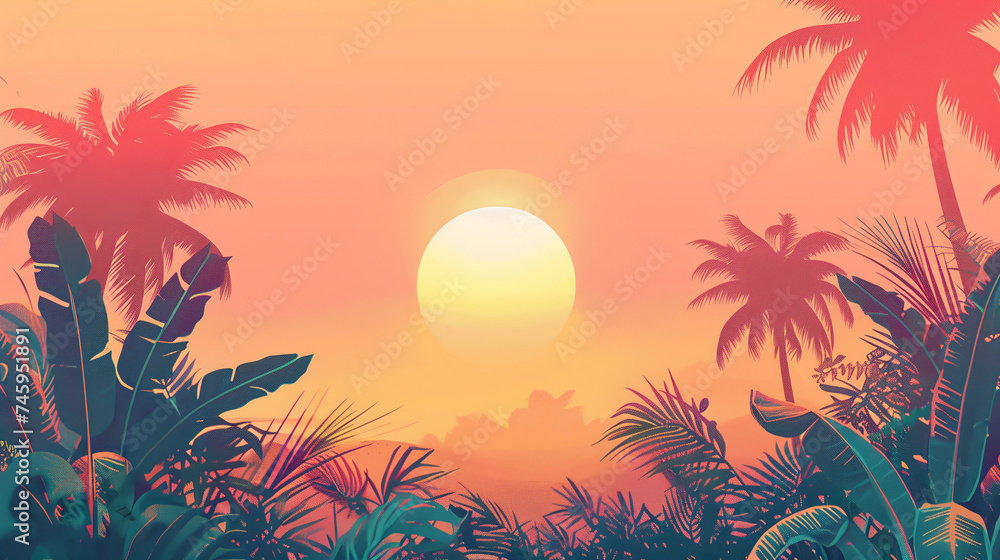 summer banner, sunset on the background of palm trees