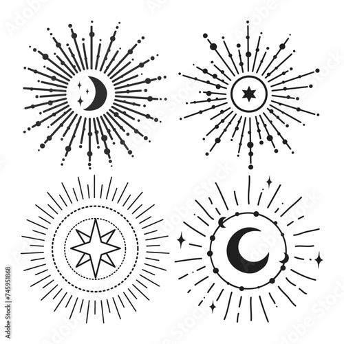 Sunburst vintage explosion. Handdrawn vector Design, magical Element. Fireworks collection. Bohemian sunrays linear icons and symbols for decoration