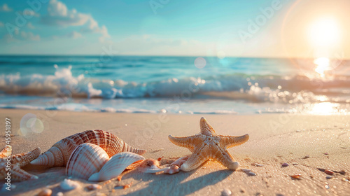 summer banner, close-up of beach with starfish and shells on sea background © Наталья Дацко