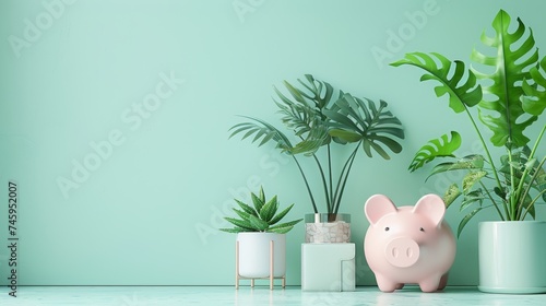 The background for your text or product that has a piggy bank and indoor plants on it.