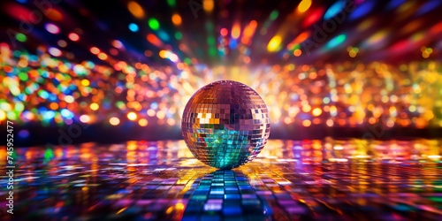 Party disco mirror ball reflecting colorful lights.