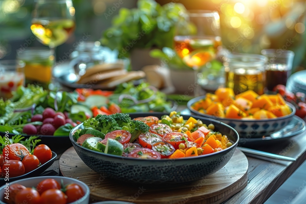 An appetizing image of a fresh, healthy meal with various vegetables set on an outdoor table at golden hour An appetizing image of a fresh, healthy meal with various vegetables set on an outdoor table at golden hour