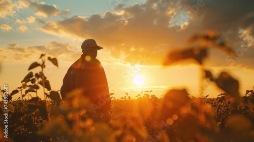 A Senior farmer as grandfather standing alone in the field at sunset. AI generated image