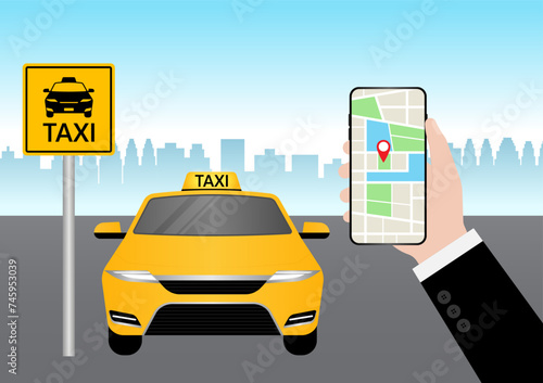 Taxi Online Application on Smartphone. Calling or Booking Taxi Service Concept.  Vector Illustration. 
