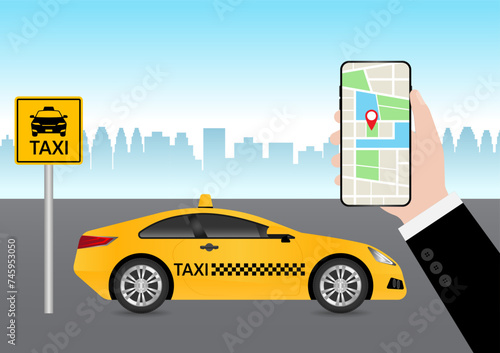 Fototapeta Naklejka Na Ścianę i Meble -  Taxi Online Application on Smartphone. Calling or Booking Taxi Service Concept.  Vector Illustration. 