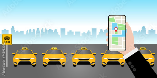 Taxi Online Application on Smartphone. Calling or Booking Taxi Service Concept.  Vector Illustration. 