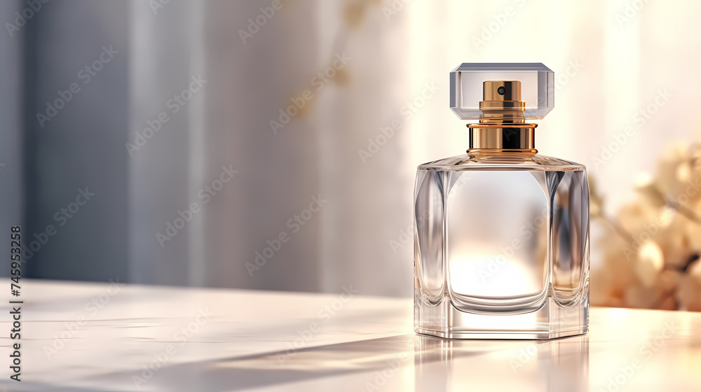 Perfume transparent bottle on pastel background, perfume display Perfume transparent bottle on pastel background, perfume display