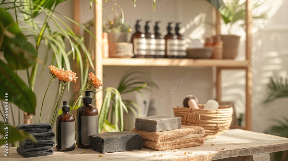 A peaceful spa setting with natural skincare products, charcoal soap, and plush towels, surrounded by lush indoor plants. Vegan beauty corner with natural cosmetics and charcoal cleansing bars
