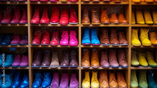 Different colored shoes on display.