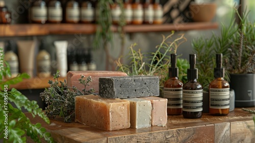 Assorted handcrafted soaps alongside botanical skincare products on a rustic wooden table in an eco-friendly setting. © saichon